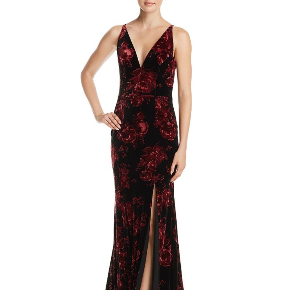 AQUA - Floral Print Velvet V-Neck Gown